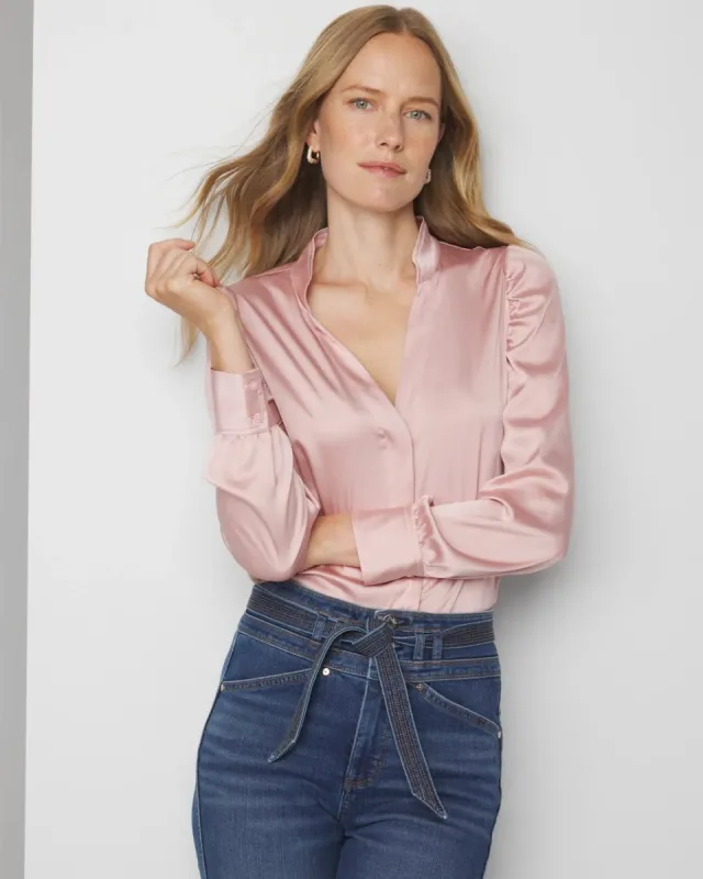 Y-Neck Ruched Shoulder Shirt sold by White House Black Market