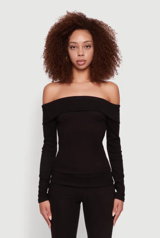 Haute Monde Fold Over Off The Shoulder Long Sleeve Blouse sold by Rainbow