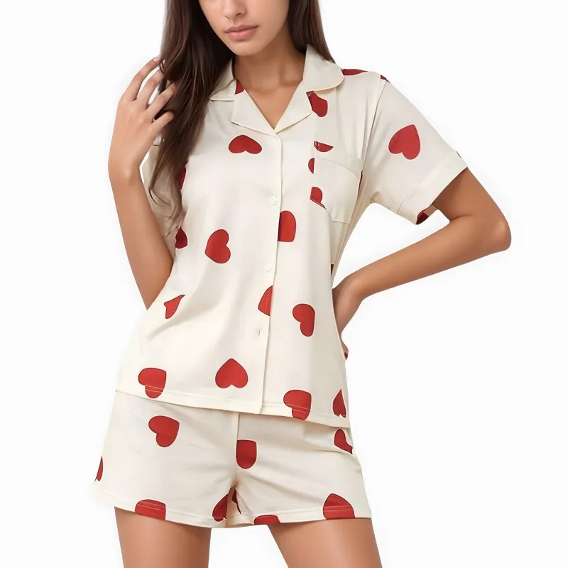 Anna-Kaci Lounge Women's Heart Print Short Sleeve Pajama Set with Chest Pocket and Button Down Top sold by Anna-Kaci