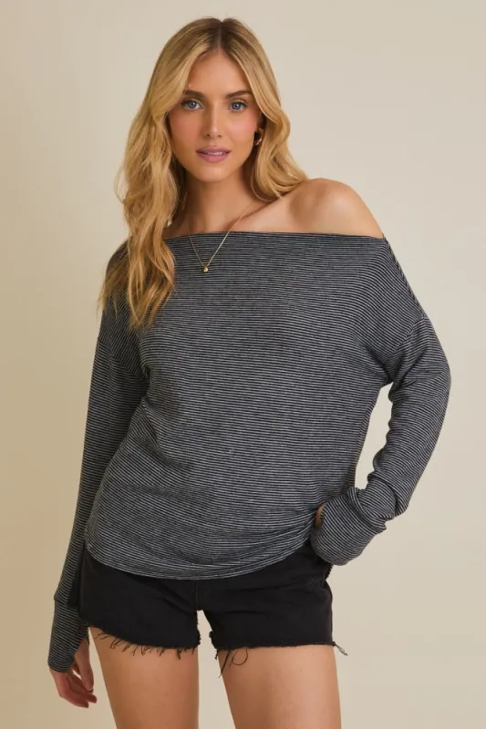 Black Striped Boat Neck Long Sleeve Top sold by Pinkblush