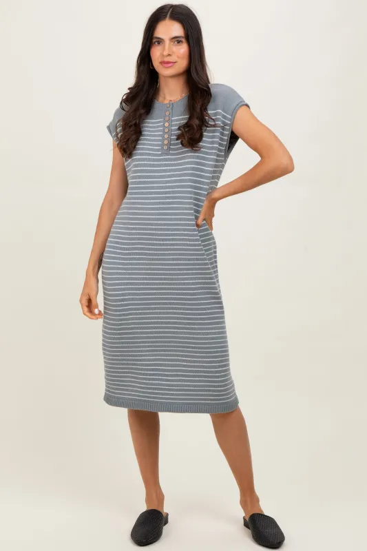 Grey Striped Knit Button Detail Midi Dress sold by Pinkblush