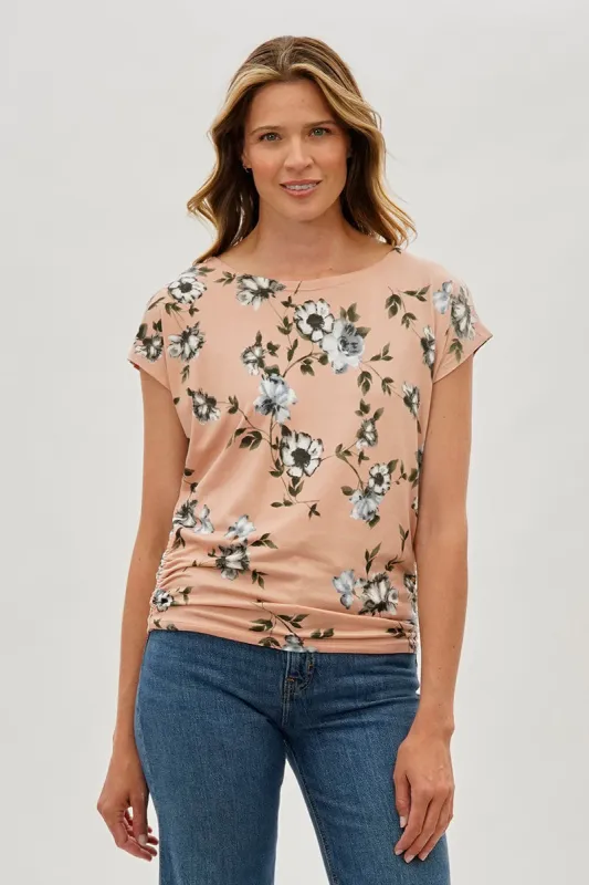 International INC Company Floral Ruched Side Blouse - Peach sold by Fairweather