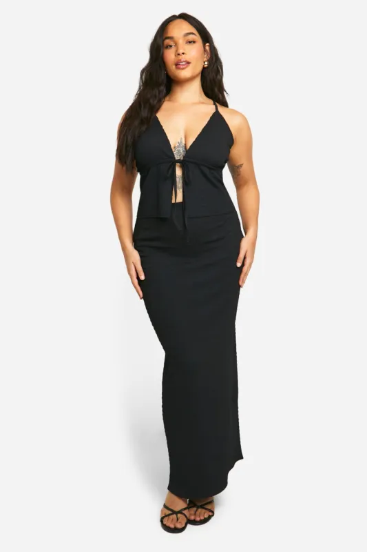 Plus Textured Tie Cami Top & Wrap Maxi Skirt Co Ord sold by Boohoo