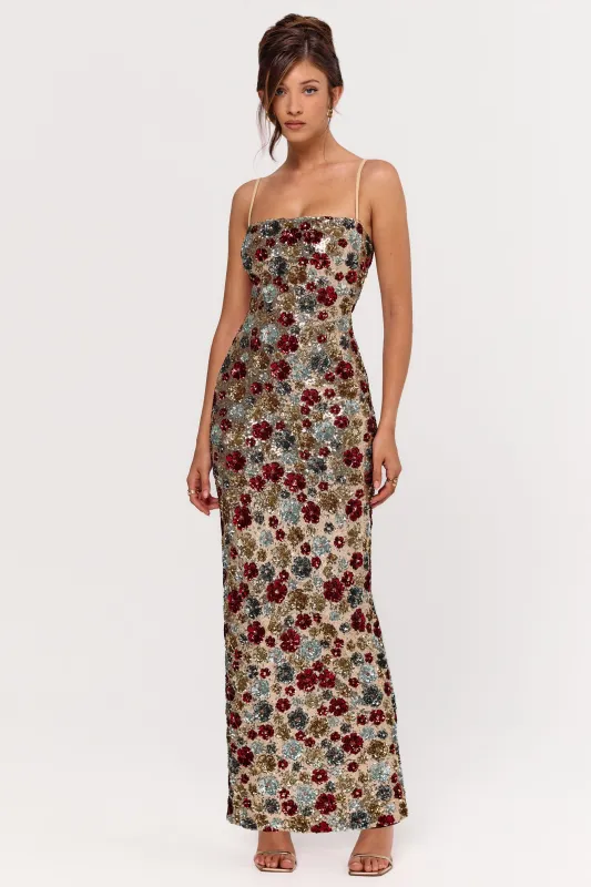 Vitora | Red Floral Sequin Square-Neck Maxi Dress sold by Club L London