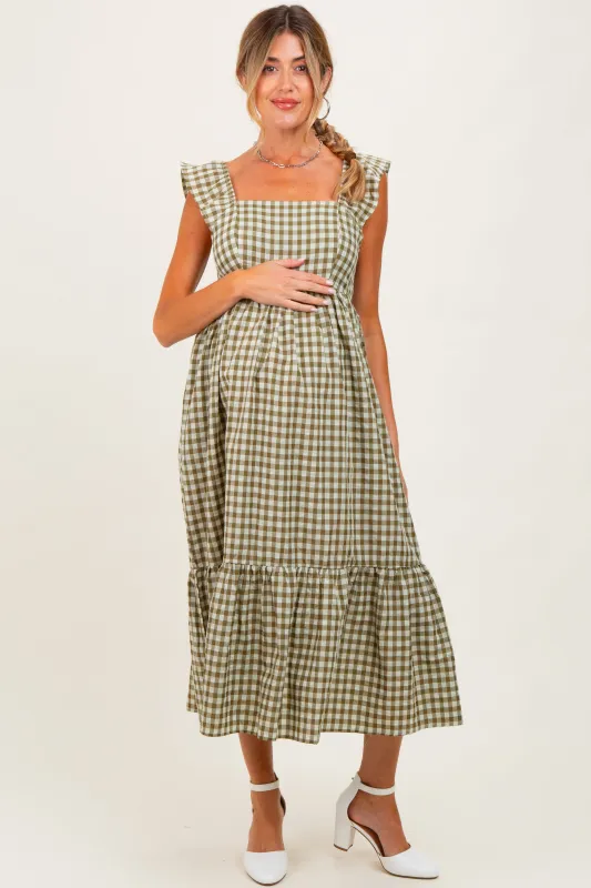 Olive Gingham Ruffle Strap Maternity Midi Dress sold by Pinkblush