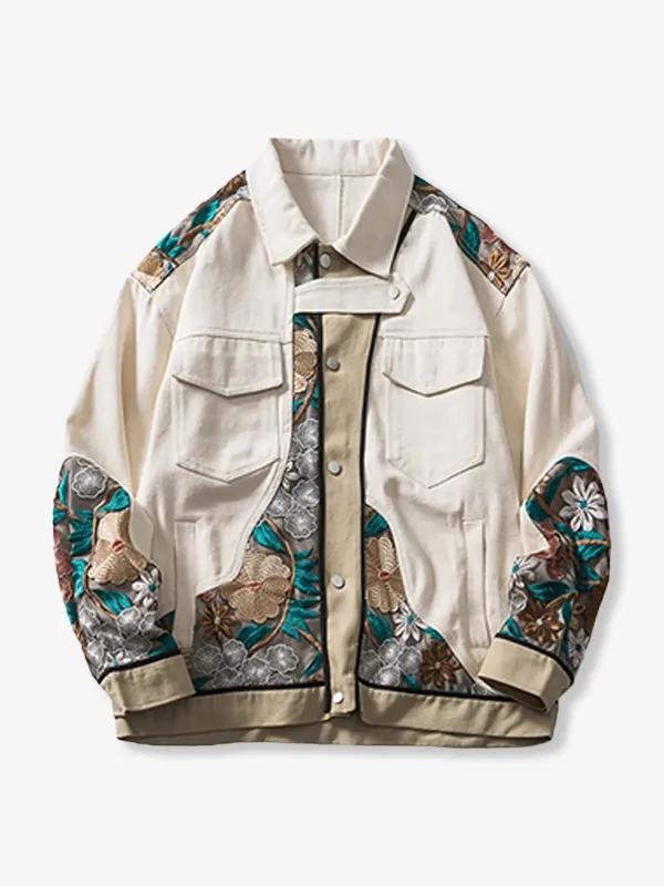 Botanical Lace Panel Cotton Canvas Work Jacket sold by Karaku