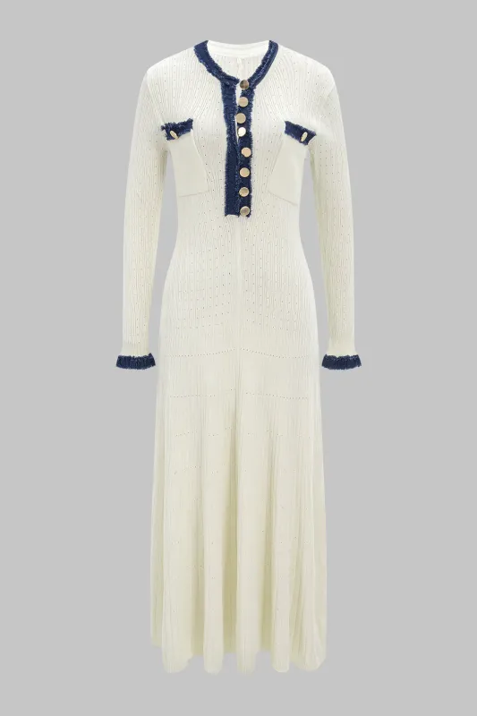 Knit Button Patchwork Denim Frayed Long-Sleeve Dress sold by Micas
