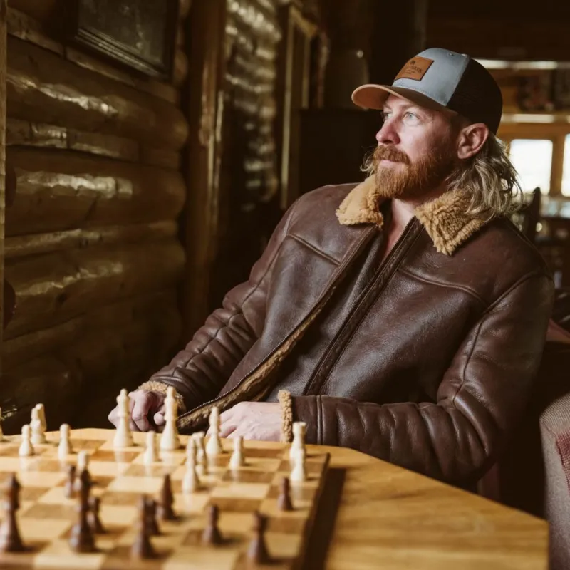 Shearling Leather Bomber Jacket | Grizzly Brown sold by Buffalo Jackson
