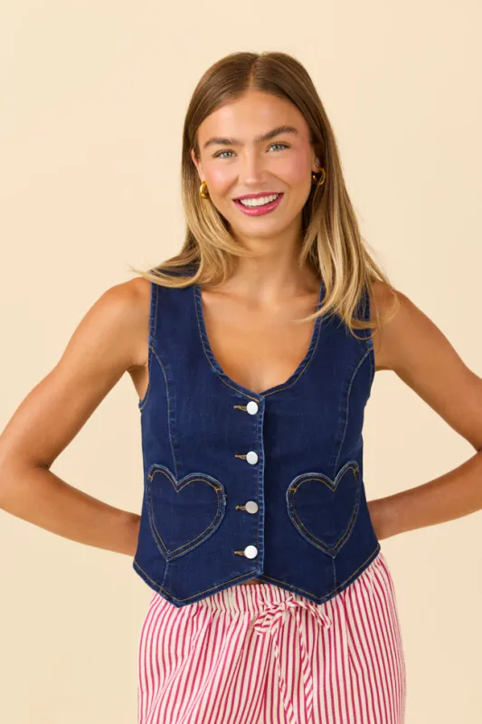 My Favorite Dark Wash Stretch Denim Vest sold by Pink Lily