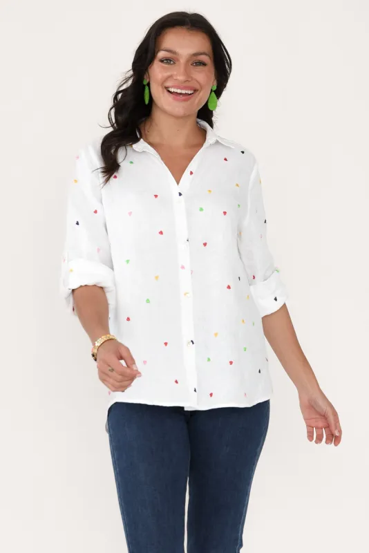 Chloe White Heart Linen Shirt sold by Blue Bungalow