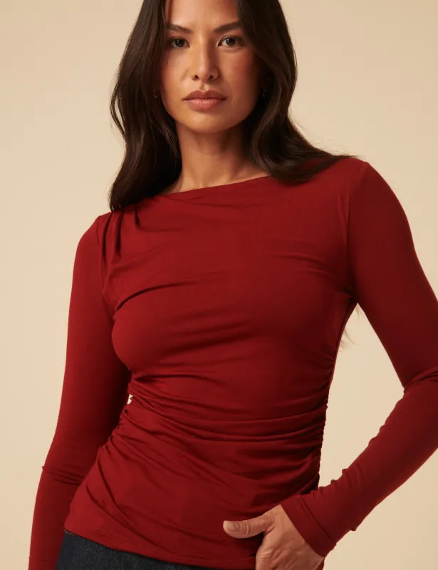 Red Ruched Long Sleeve Jersey Top sold by Nobody's Child