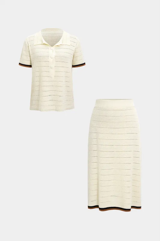 Knit Contrast Button Short-Sleeve Shirt And Skirt Set sold by Micas